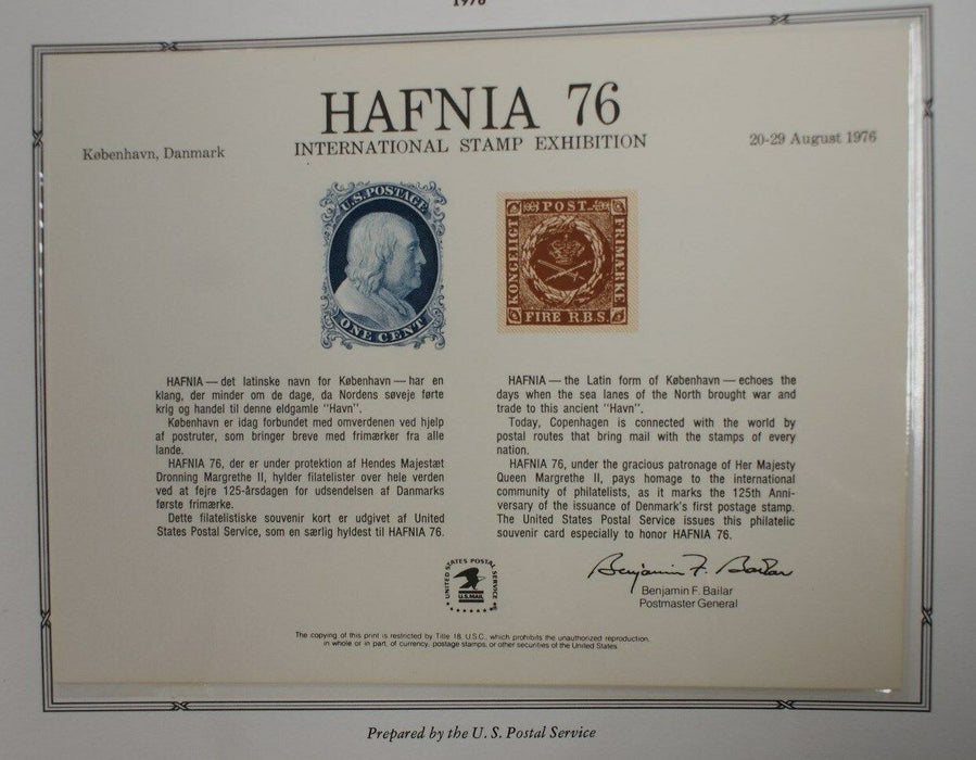 souvenir card PS 22 Hafnia 1976 1851 1¢ Franklin stamp