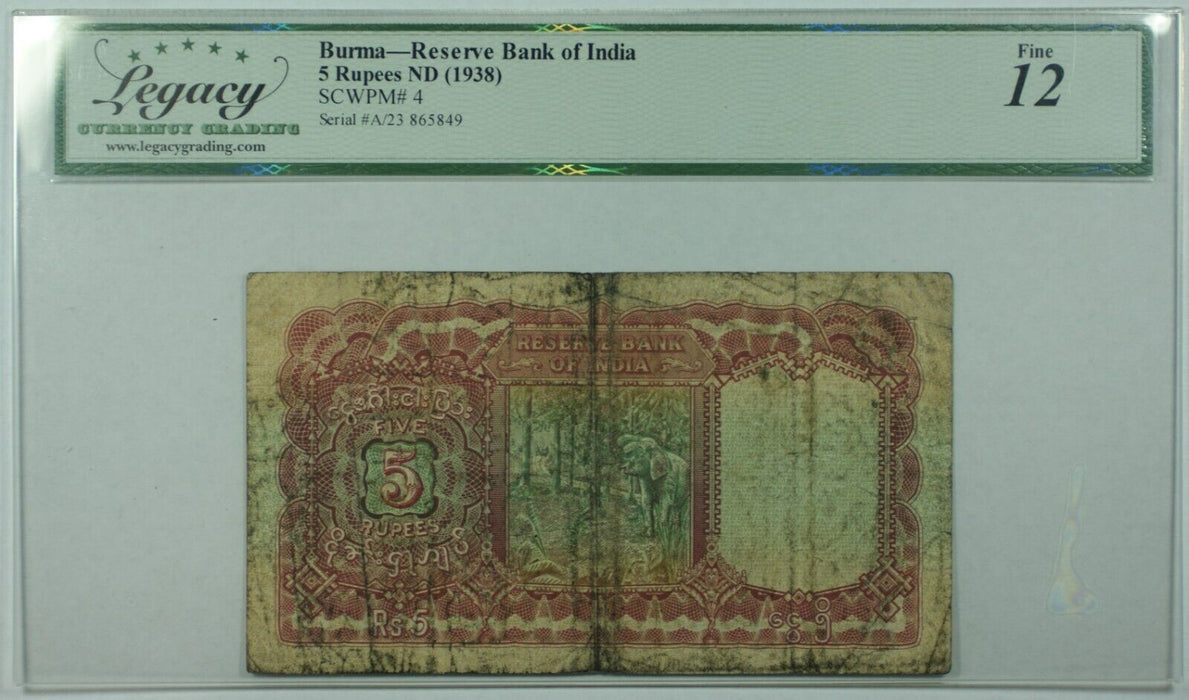 1938 5 Rupees Burma Reserve Bank of India Legacy Fine 12 w/Comments