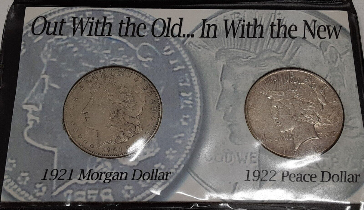 US Silver Dollar Set w/1921 Morgan & 1922 Peace Dollars Circ. in Info Folder