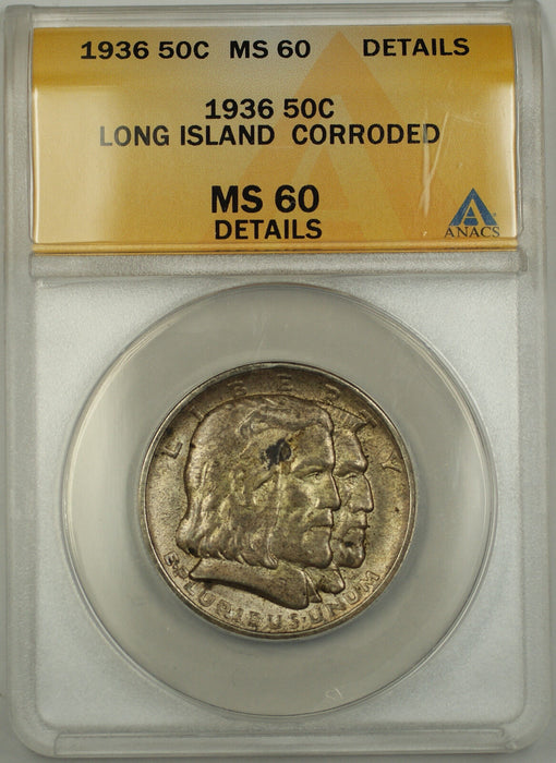 1936 Long Island Commemorative Toned Silver Half 50c Coin ANACS MS-60 Details