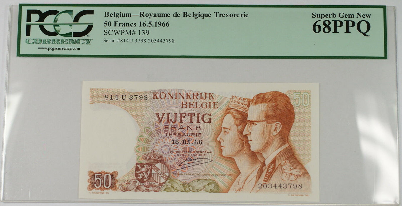 16.5.1966 Belgium 50 Francs Note SCWPM# 139 PCGS 68 PPQ Superb Gem New
