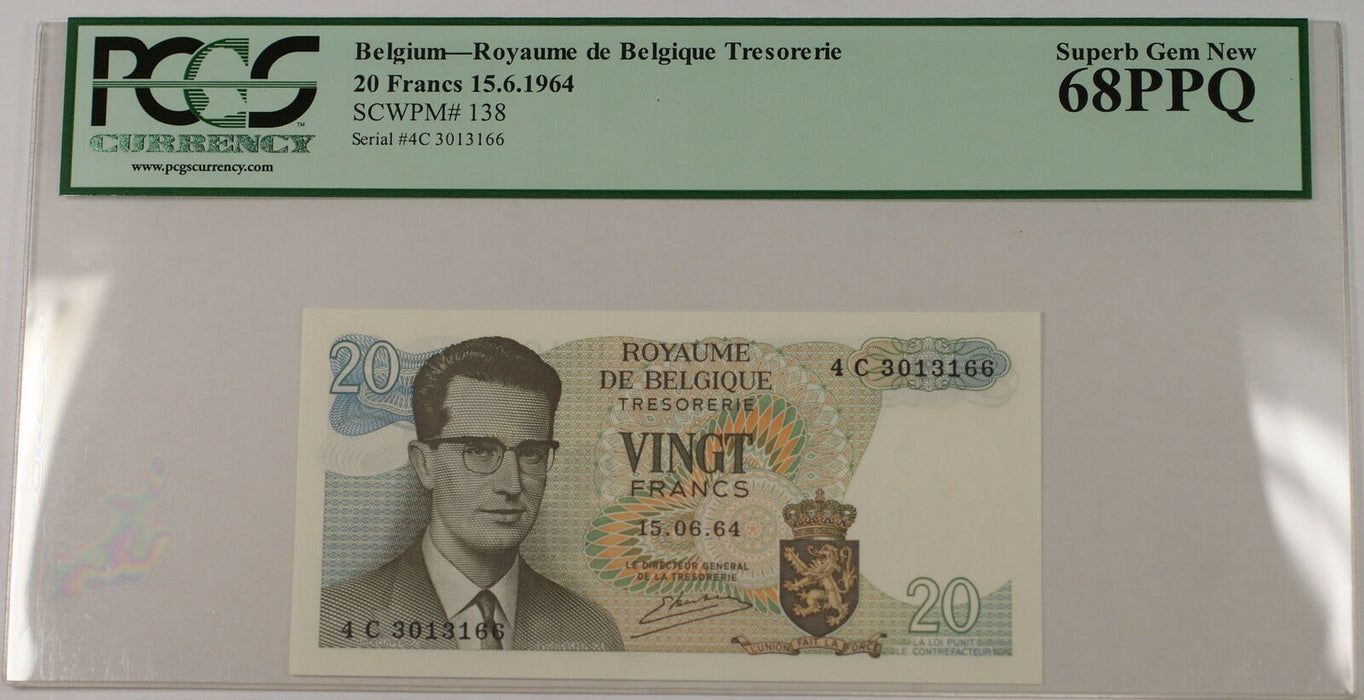 15.6.1964 Belgium 20 Francs Note SCWPM# 138 PCGS 68 PPQ Superb Gem New