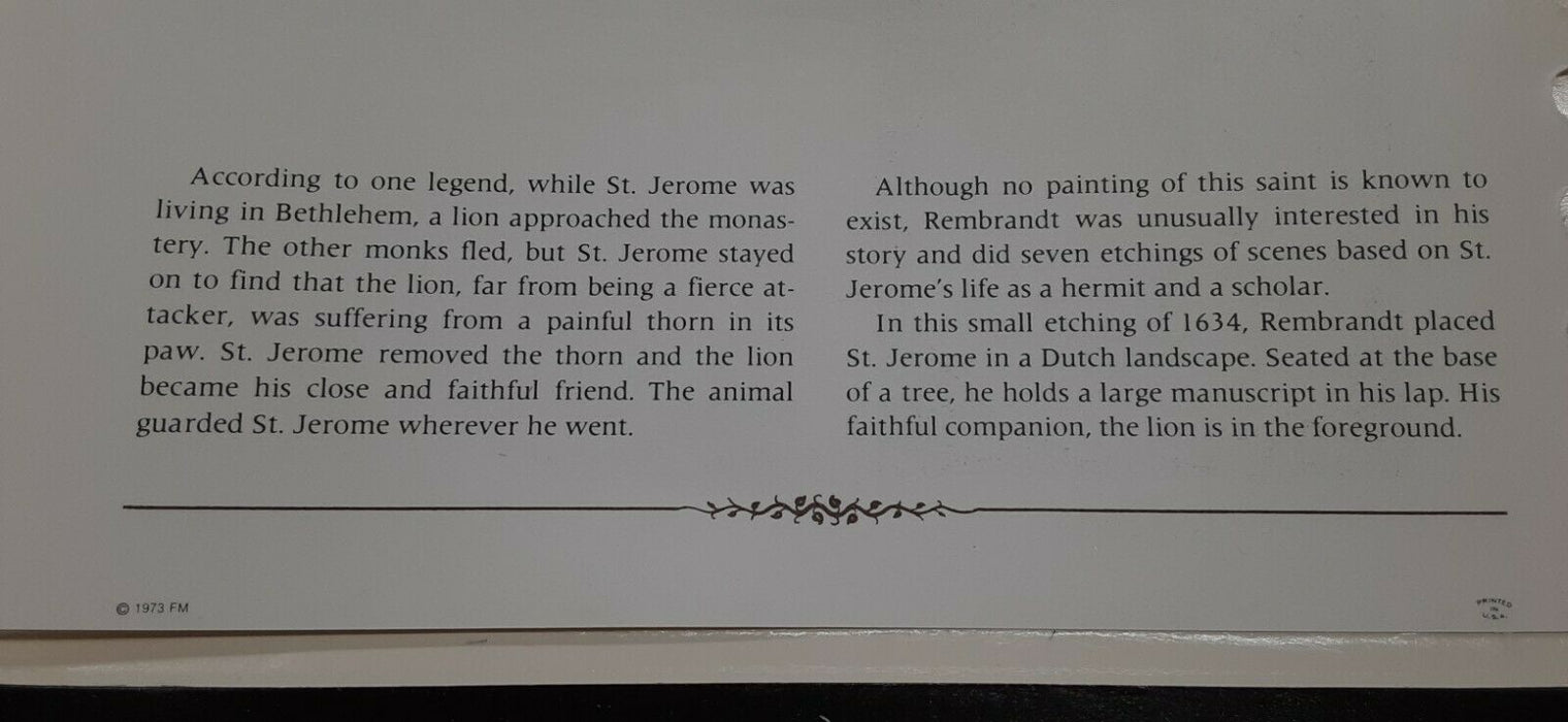 Franklin Mint Genius/Rembrandt PR .925 Silver Medal-St. Jerome Reading in Card