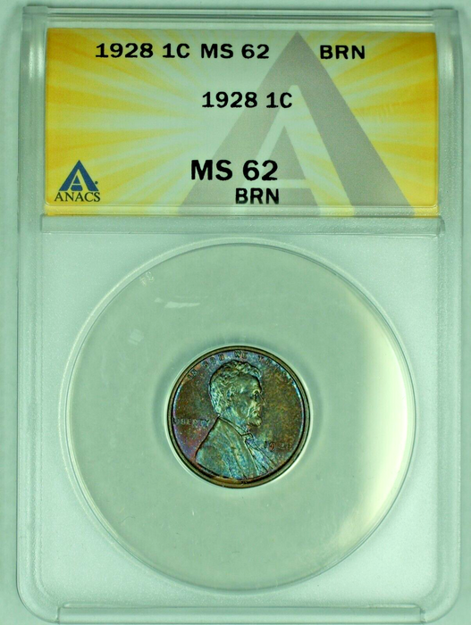1928 Lincoln Wheat Cent 1C Coin Rainbow Tone ANACS MS 62 BN (15)