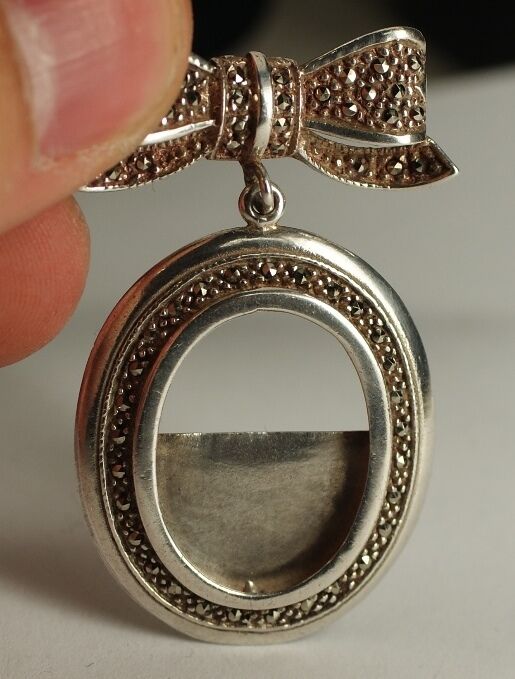 Sterling Silver Marcasite Antique Pendant Bow and Oval Design - Handmade