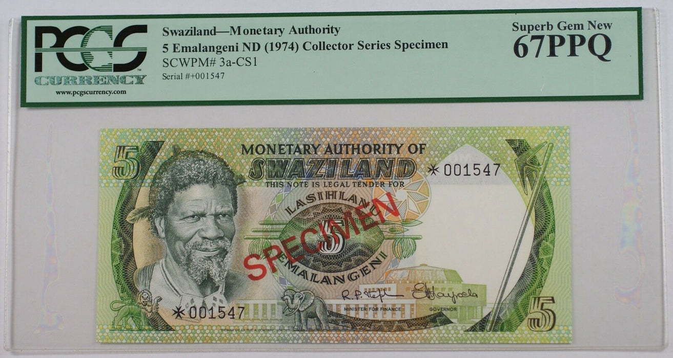 (1974) Swaziland 5 Emalangeni Specimen Note SCWPM#3a-CS1 PCGS 67 PPQ Superb Gem