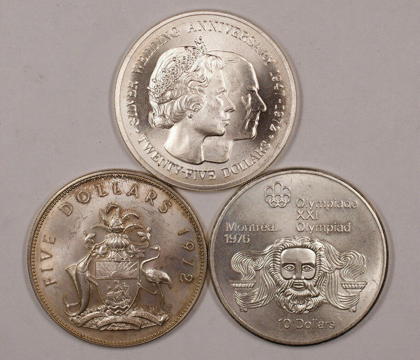 Three Commemorative Queen Elizabeth Silver Coins 1972,1976 4.55 Oz Total Silver