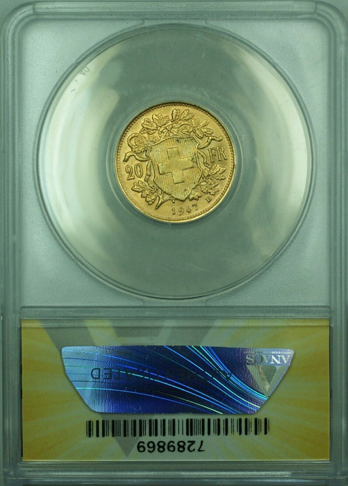 1947-B Swiss 20 Francs Switzerland Gold Coin ANACS MS-63 (DW)