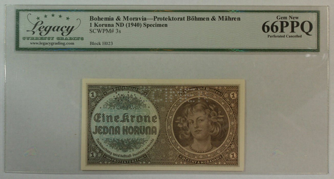 1940 1 Koruna Specimen Bohemia & Moravia Protectorat Currency Note Legacy 66 PPQ
