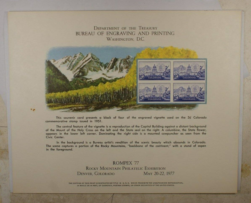 BEP souvenir card B 40 Rompex 1977 1951 3¢ Colorado Statehood stamp