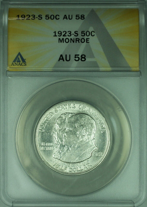 1923-S Monroe Commemorative Silver Half 50c Coin ANACS AU-58 (39C)
