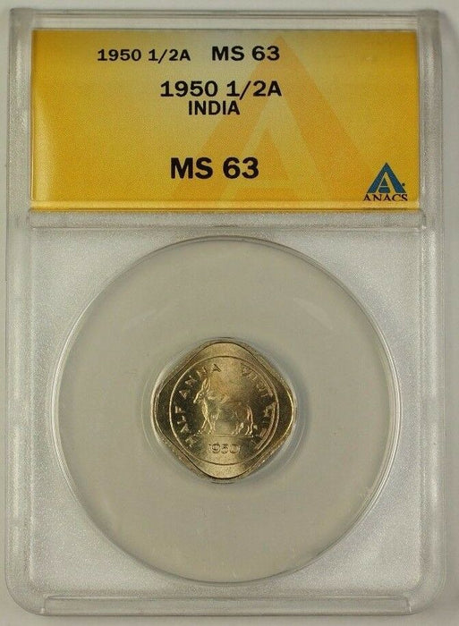 1950 India 1/2 Anna Coin ANACS MS-63 (Better)