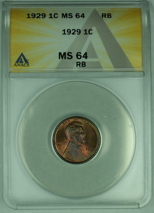 1929 Lincoln Wheat Cent 1C Coin Toned ANACS MS 64 RB (15)