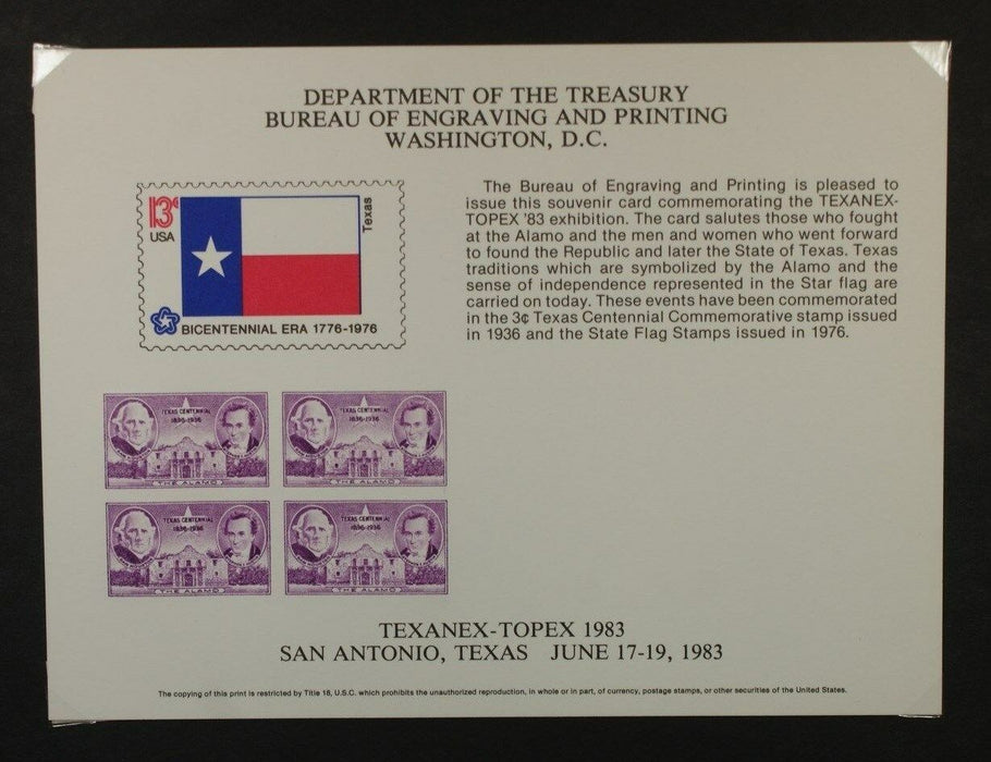 BEP souvenir card B 60 Texanex 1983 1936 3¢ Texas Centennial stamp