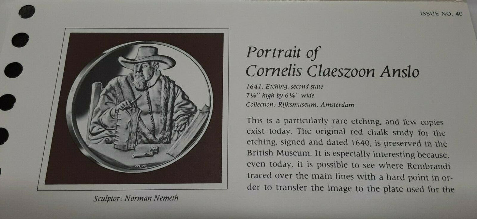 Franklin Mint Genius/Rembrandt PR .925 Silver Medal-Cornelis C. Anslo in Card