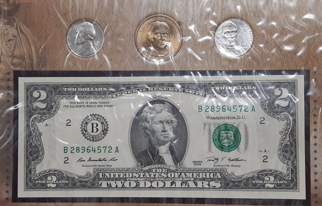Thomas Jefferson Collection - $2 Note & 3 Coins UNC in Info Card