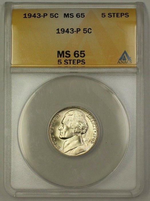 1943-P Wartime Silver Jefferson Nickel 5c Coin ANACS MS-65 5 Steps A