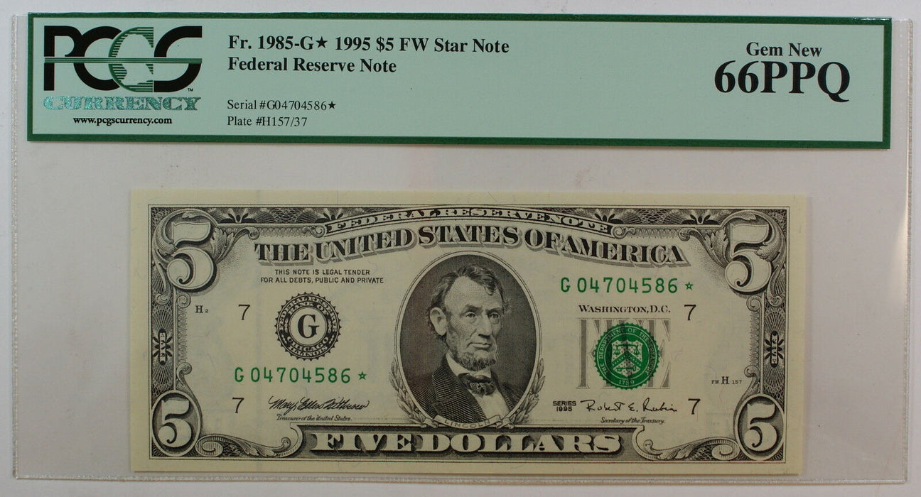 1995 $5 FRN *G-Star* fw Note, PCGS 66 PPQ, Fr. 1985-G*, Federal Reserve