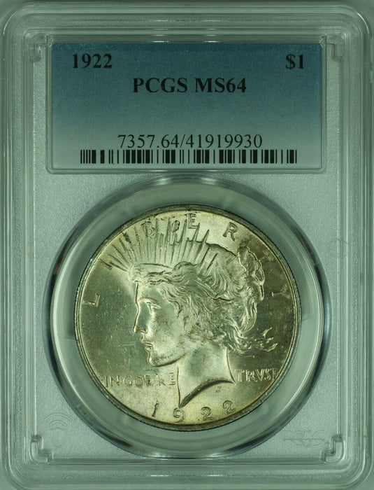 1922 Peace Silver Dollar S$1 PCGS MS-64 Lightly Toned (35E)