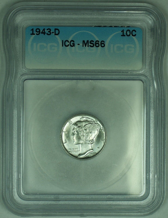 1943-D Mercury Silver Dime 10c Coin ICG MS 66 (Looks Full Band) (53) A