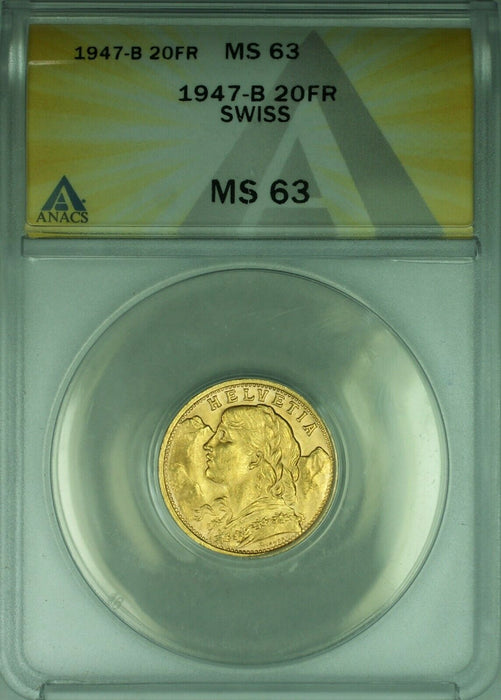 1947-B Swiss 20 Francs Switzerland Gold Coin ANACS MS-63 (DW)