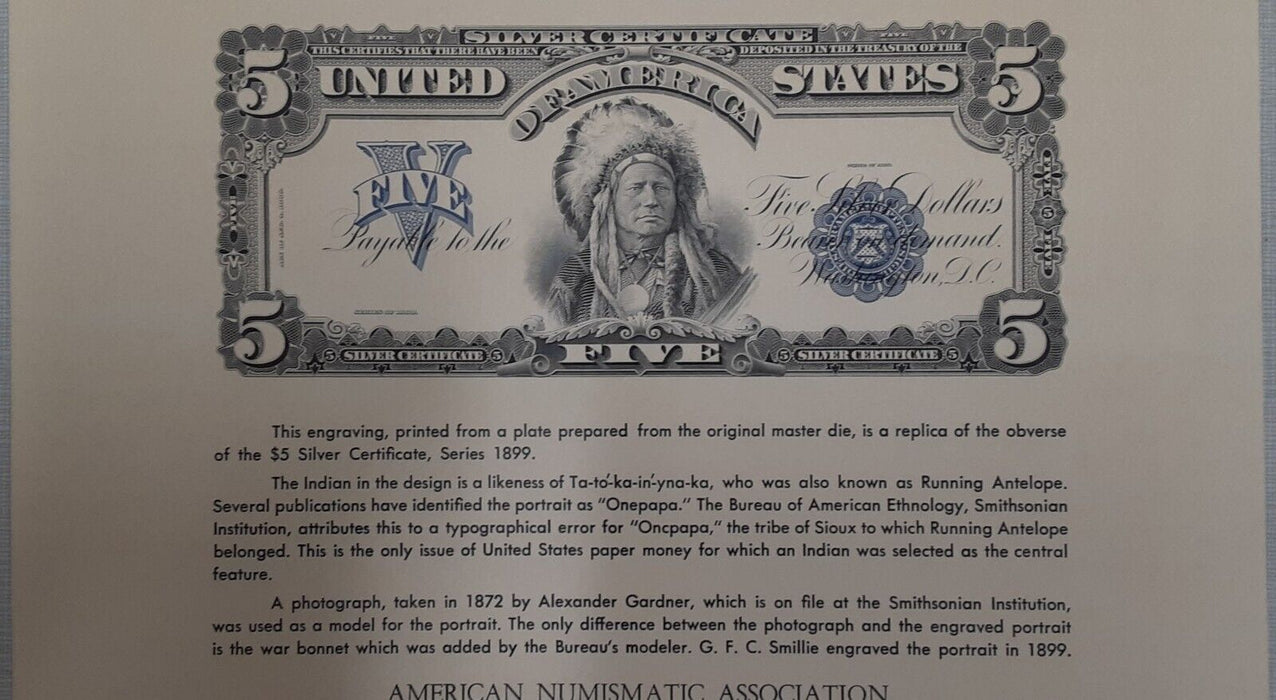 BEP Souvenir Card 1977 ANA Print of 1899 $5 Silver Cert  "Chief" (B 41) Beige