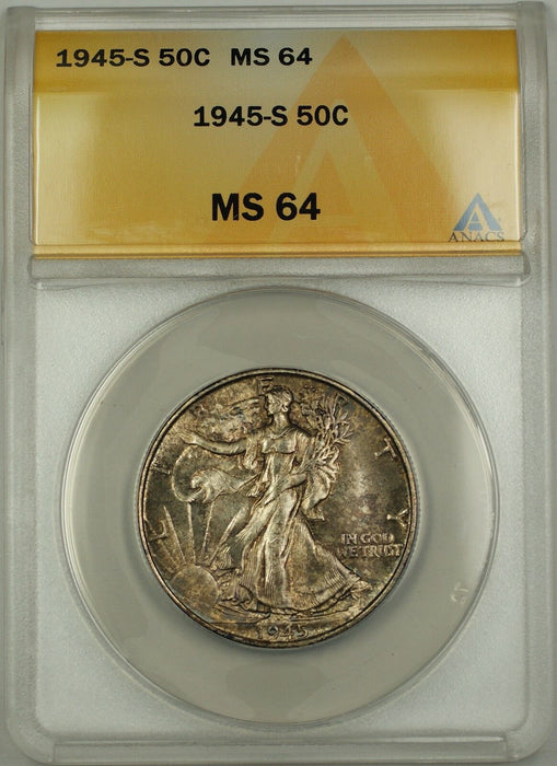 1945-S Walking Liberty Silver Half Dollar 50c Coin ANACS MS-64 Toned