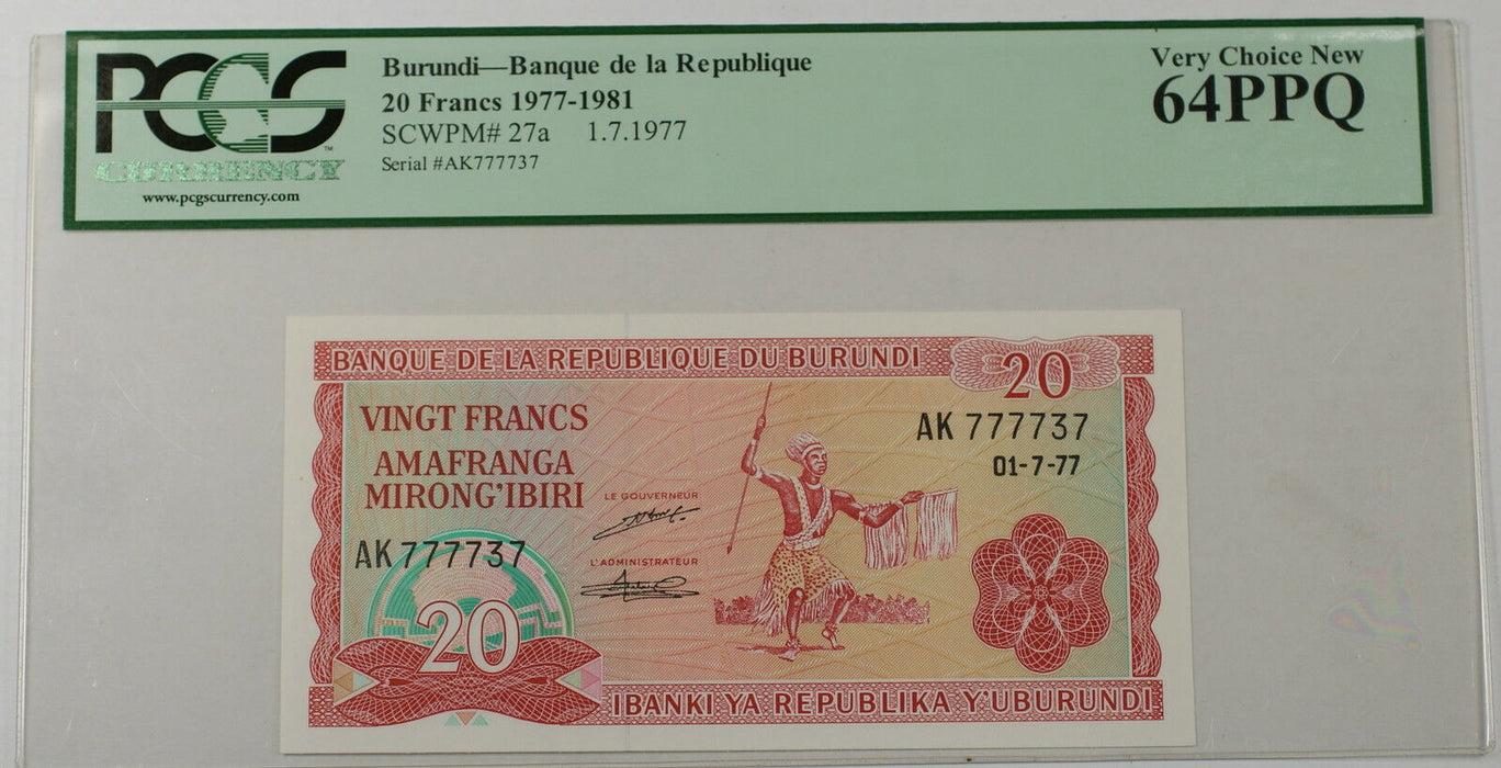 1977 Burundi Bank de la Republique 20 Fr Note SCWPM# 27a PCGS 64 PPQ Very Ch New
