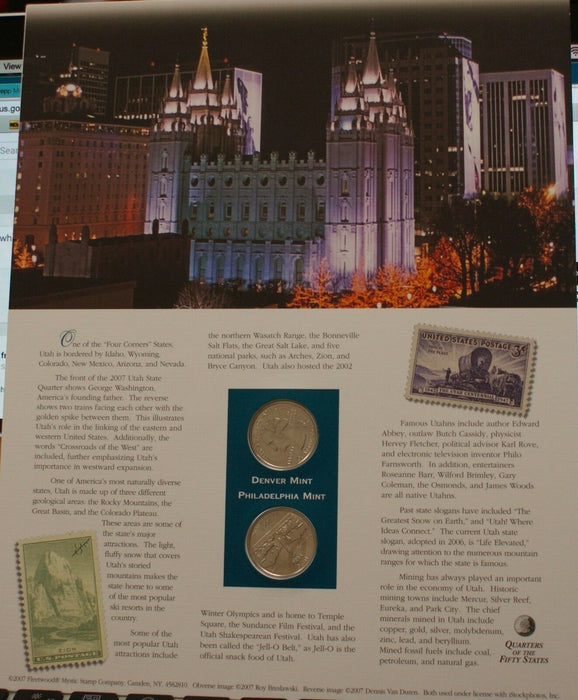 Utah 2007 P&D Quarter for Anniversery of Statehood Bonus Stamp