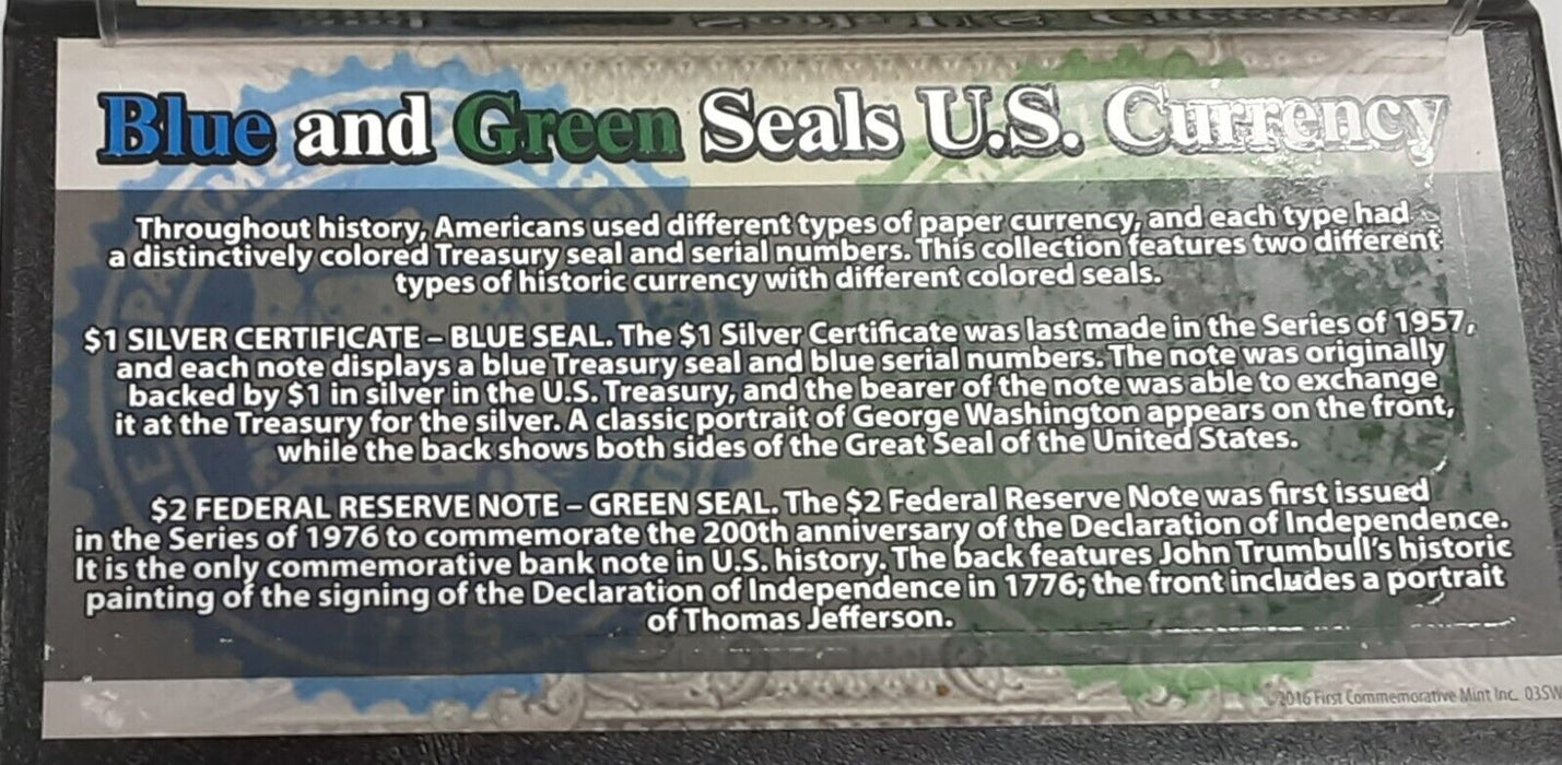 CU Set of Blue Seal & Green Seal US Currency in FCM Info Folder