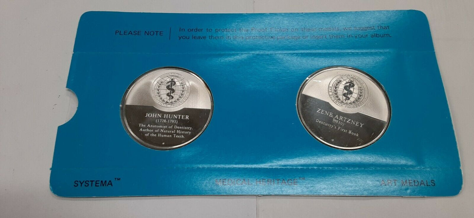 History of Dentistry .925 Silver PF Medals Franklin Mint- J.Hunter/Z.Artzney