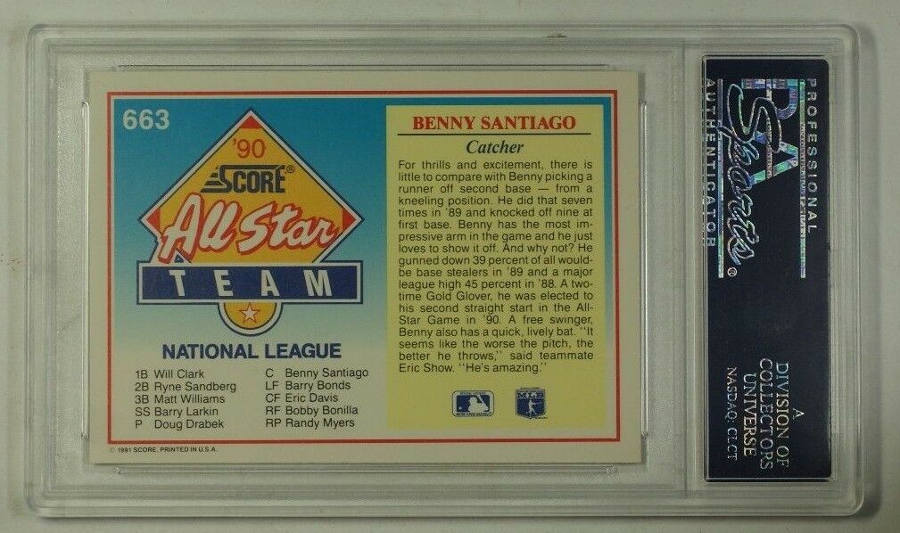 1991 Score Benny Santiago Baseball Card NL All-Star Team #663 PSA NM-MT+ 8.5 CK