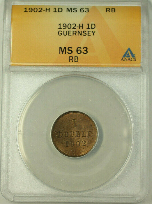 1902-H Guernsey Bronze 1 Double Coin ANACS MS 63 Red Brown