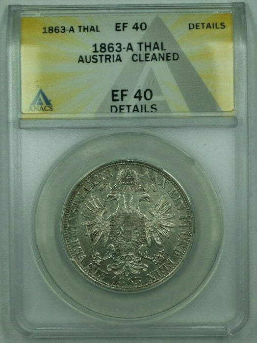 1863-A Austria 1 Silver Thalar ANACS EF-40 (XF) Details Cleaned
