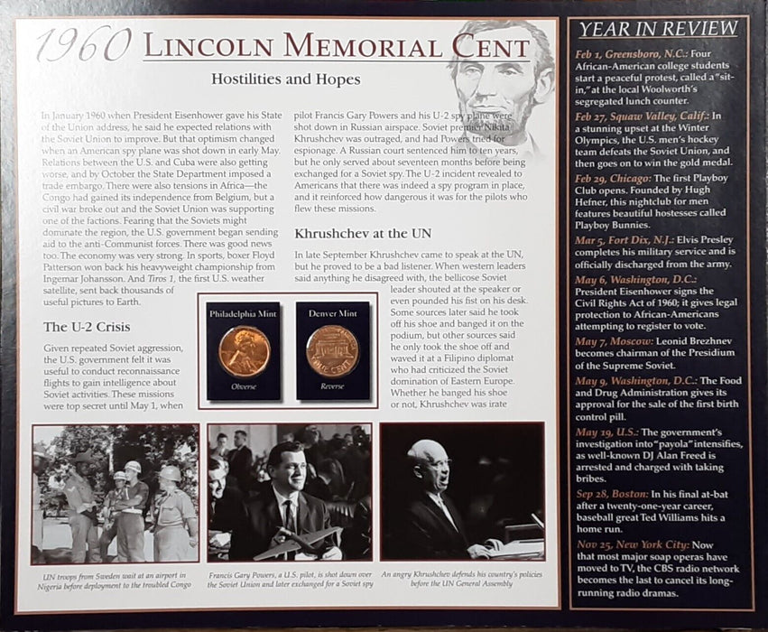 1960 Lincoln Cent / The Years Historic Events on Informative Card - See Photos