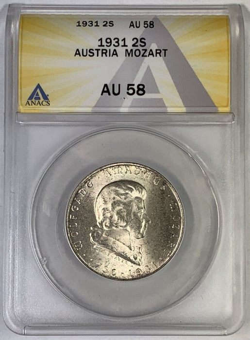 1931 2 Schilling Austria Mozart Coin ANACS AU 58