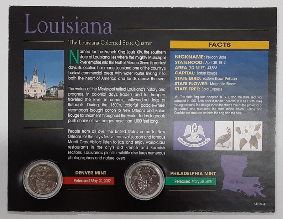 (2) 2002 Louisiana Colorized State Quarter P&D-BU-w/Colorful Display Card