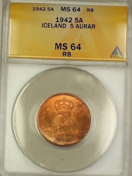 1942 Iceland 5A Five Aurar Copper ANACS MS-64 RB Red-Brown (Better Coin) (A)