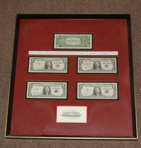 5 Silver Certificates $1 Notes, Framed w/ 2 Autographs