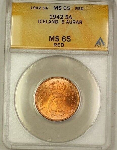 1942 Iceland 5A Five Aurar Copper Coin ANACS MS-65 Red GEM BU (H)
