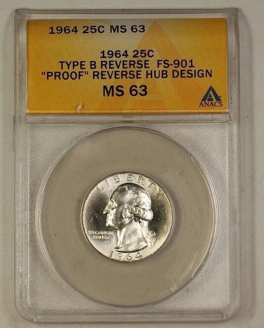 1964 Washington Silver Quarter Coin Type B Rev FS-901 PR Rev Design ANACS MS63 A