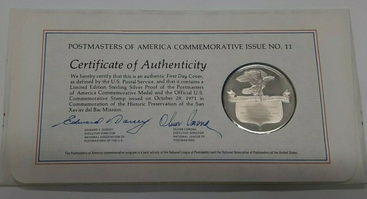 1971 Postmasters Of America Commemorative Silver Medal  San Xavier Mission