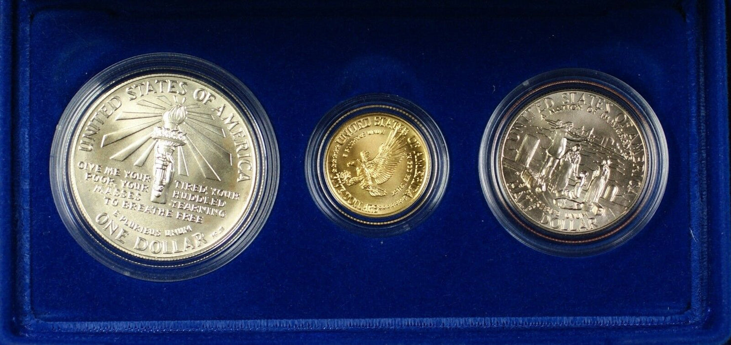 1986 US Mint Liberty Commem 3 Coin Silver & Gold Uncirculated UNC Set as Issued