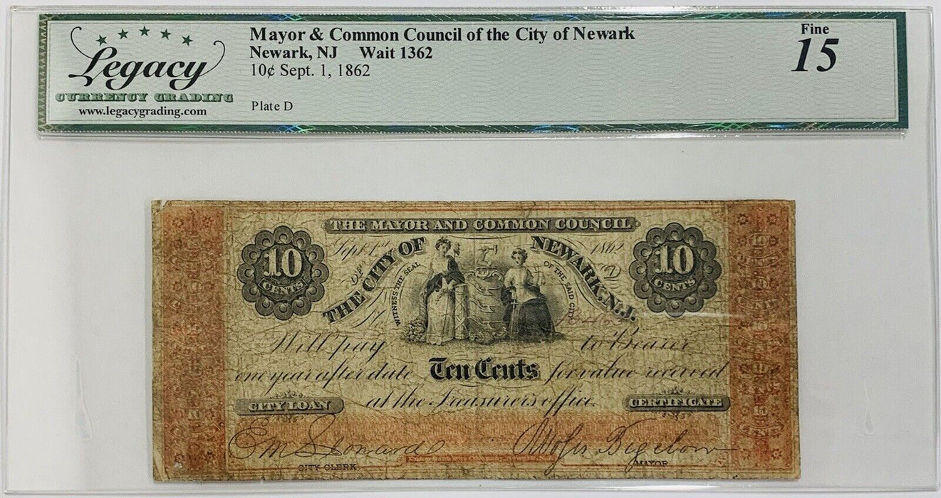 City Of Newark, NJ-Wait 1362 .10C Setp. 1, 1862 Legacy Fine 15