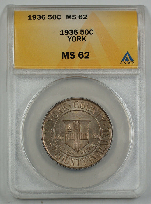 1936 York County Commemorative Silver Half ANACS MS 62 Light Toning (Better)