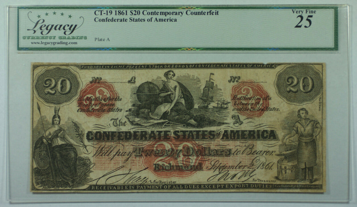 1861 $20 Twenty Dollar Bill Confederate Note Counterfeit CT-19 Legacy VF-25
