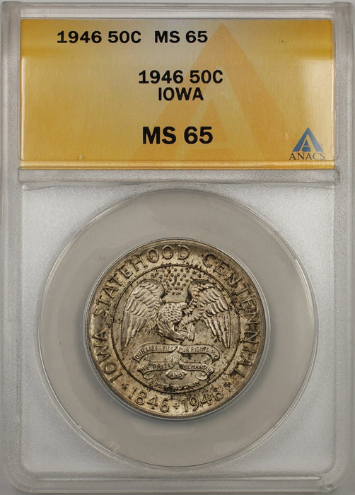 1946 Iowa Commemorative Silver Half Dollar Coin 50C ANACS MS 65 Toned