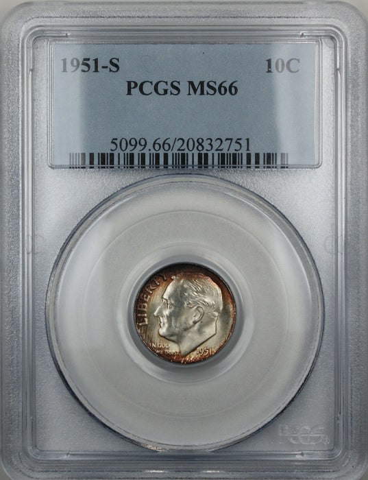 1951-S Silver Roosevelt Dime, PCGS MS-66, Toned, Brilliant Coin