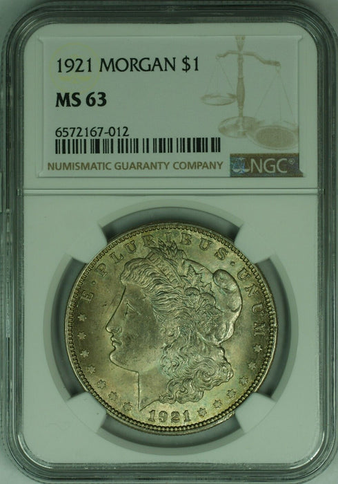 1921 Morgan Silver Dollar $1 Coin NGC MS-63 W/Toning  (46C)