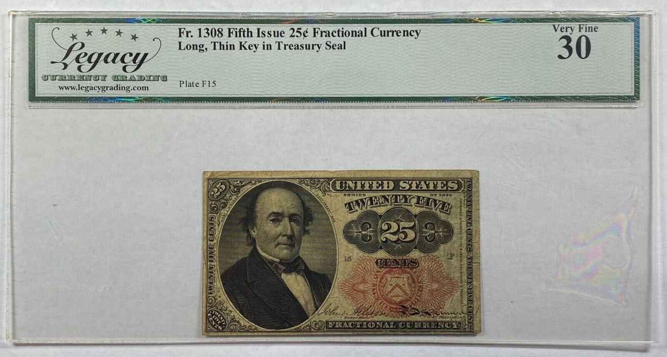 Fr. 1308 5th Issue 25c Fractional Currency w/Long Thin Key  Legacy VF-30